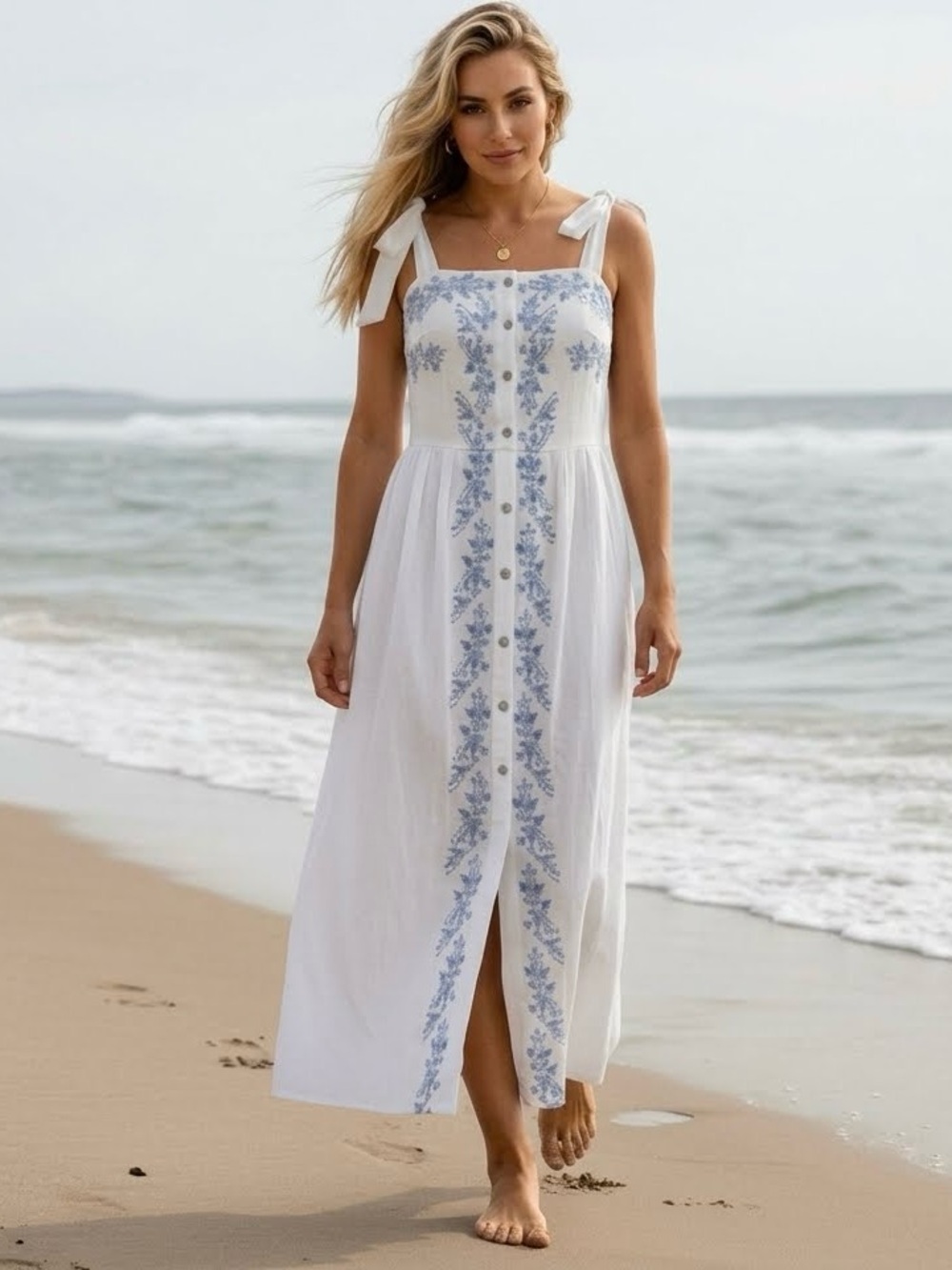 Lulus Embroidered Button Square Front Midi A-Line Dress, Blue White, Size S